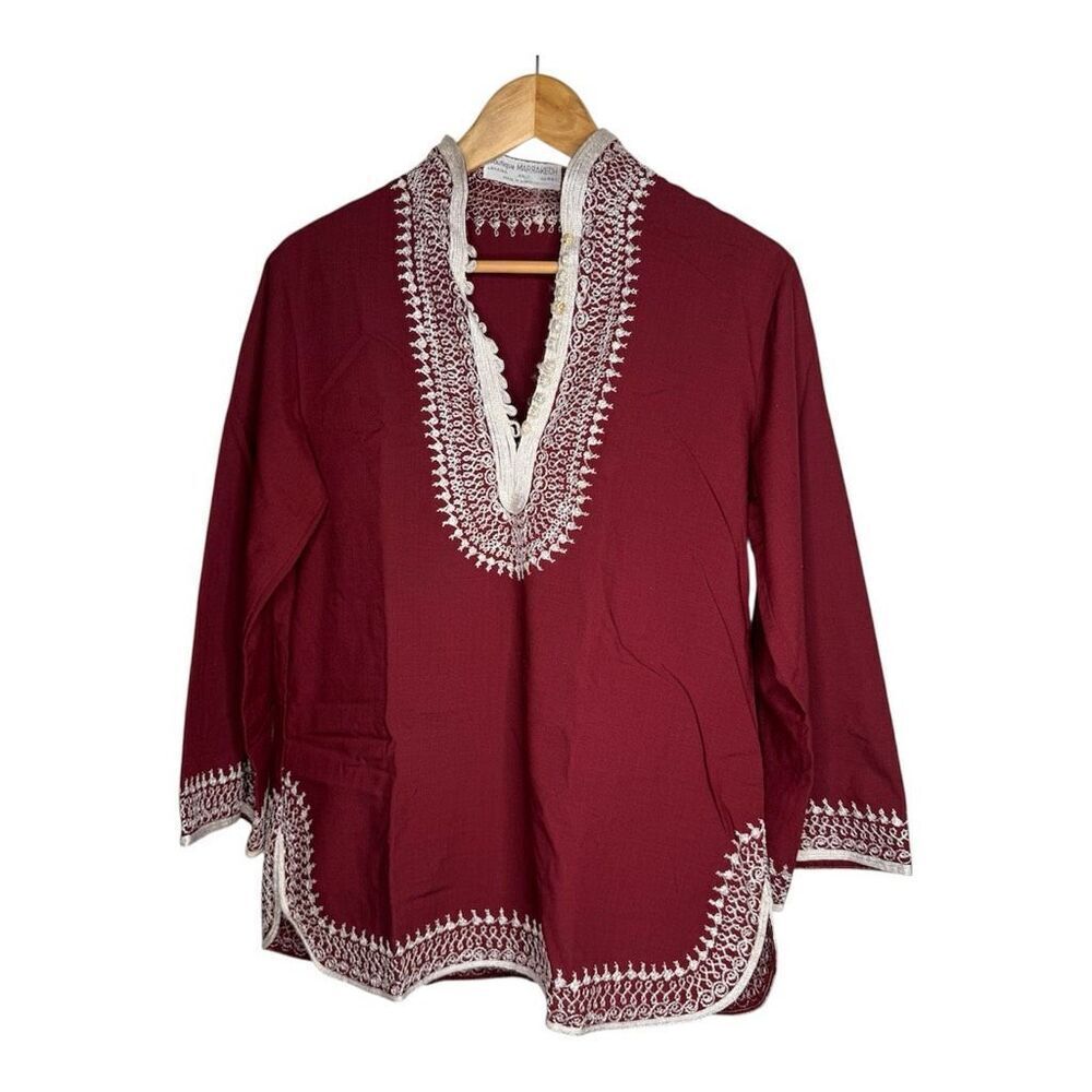 Hand Embroidered Moroccan Tunic Burgundy Caftan Top Boutique Marrakech Artisan